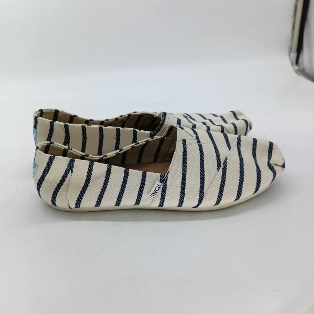 TOMS Alpargata Womens 12 Navy Blue Cream Striped Canvas Slip On Flats Shoes s8